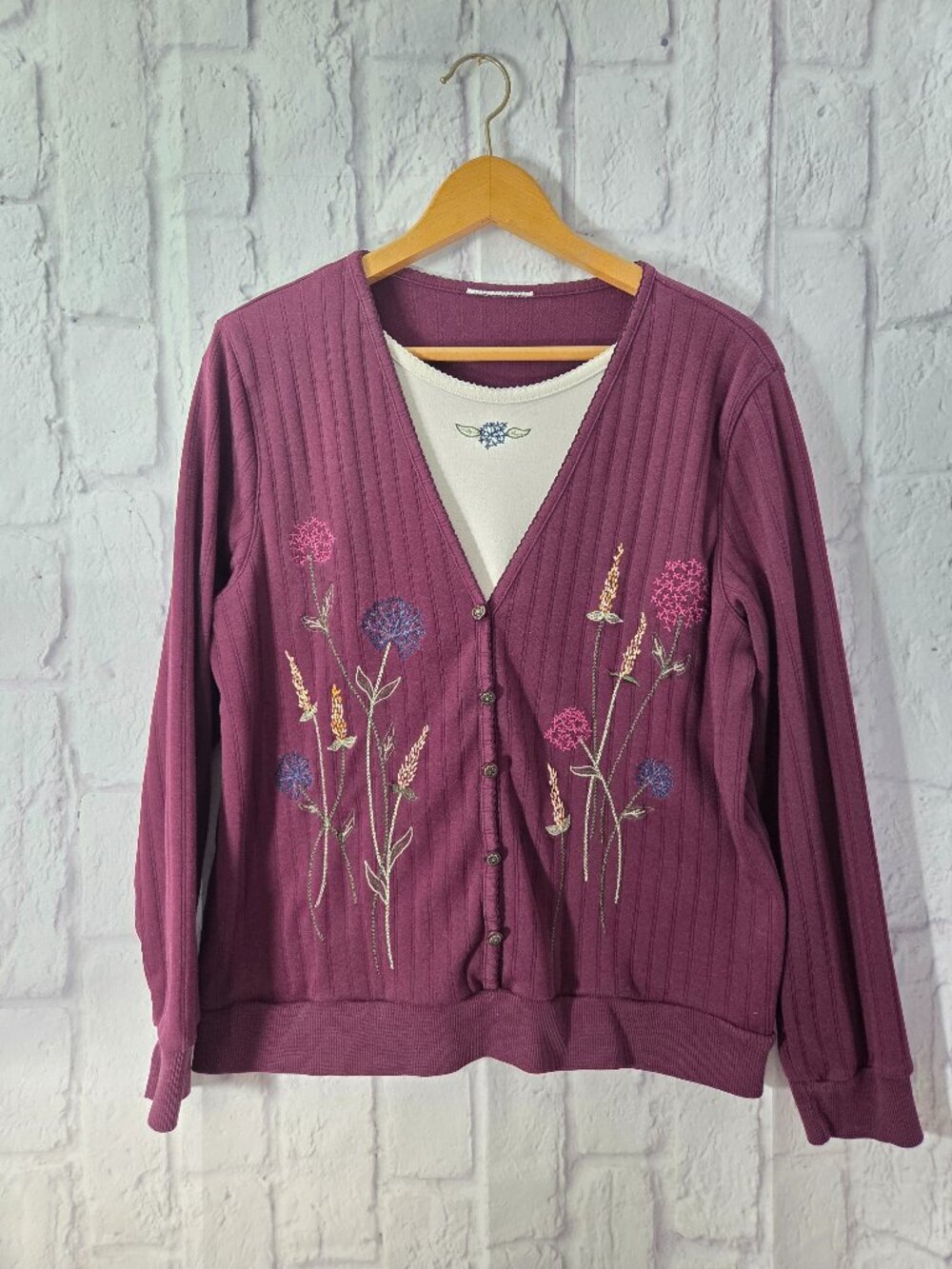 Vintage Southern Lady Burgundy Floral Embroidered Button Front Sweater (Flaw)